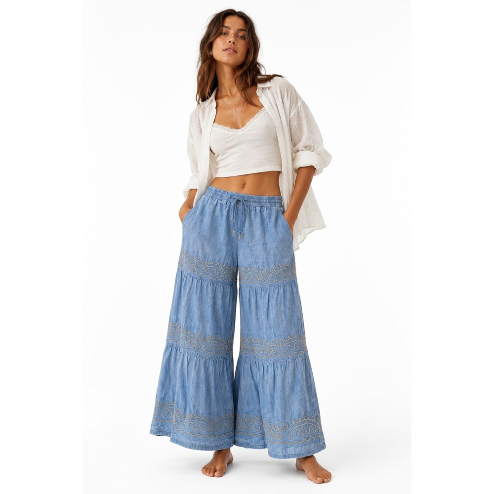 Sacred Threads Wide Leg Tiered Pants Blue S/M Embroidered Boho Palazzo Flowy